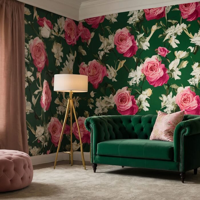 green-velvet-couch-ottoman-are-center-room-pink-armchair-sits-left green-velvet-couch-ottoman-are-center-room-pink-armchair-sits-left